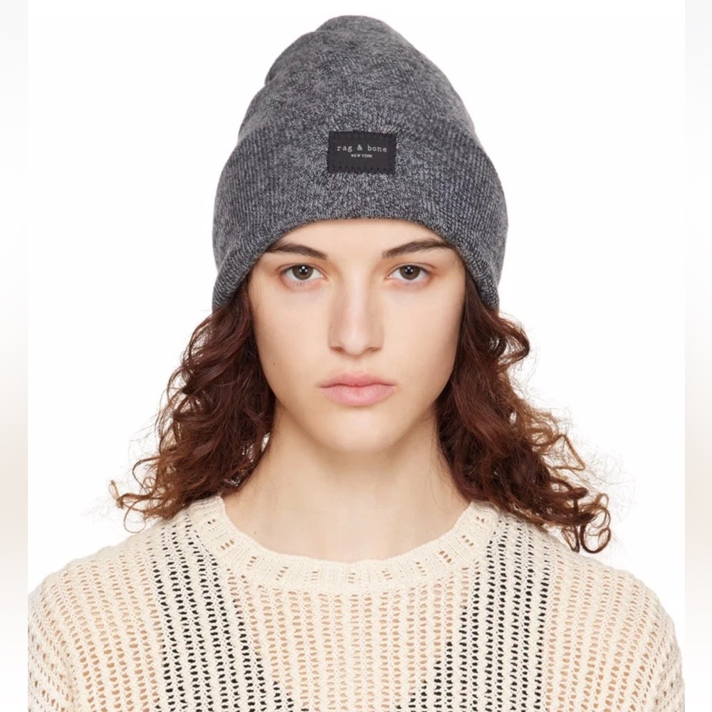 Rag & Bone Addison Logo Patch Gray Rib Knit Wool Beanie Hat NWT Unisex One Size